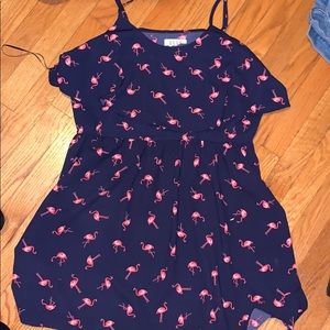 Navy flowy dress with pink flamingo print